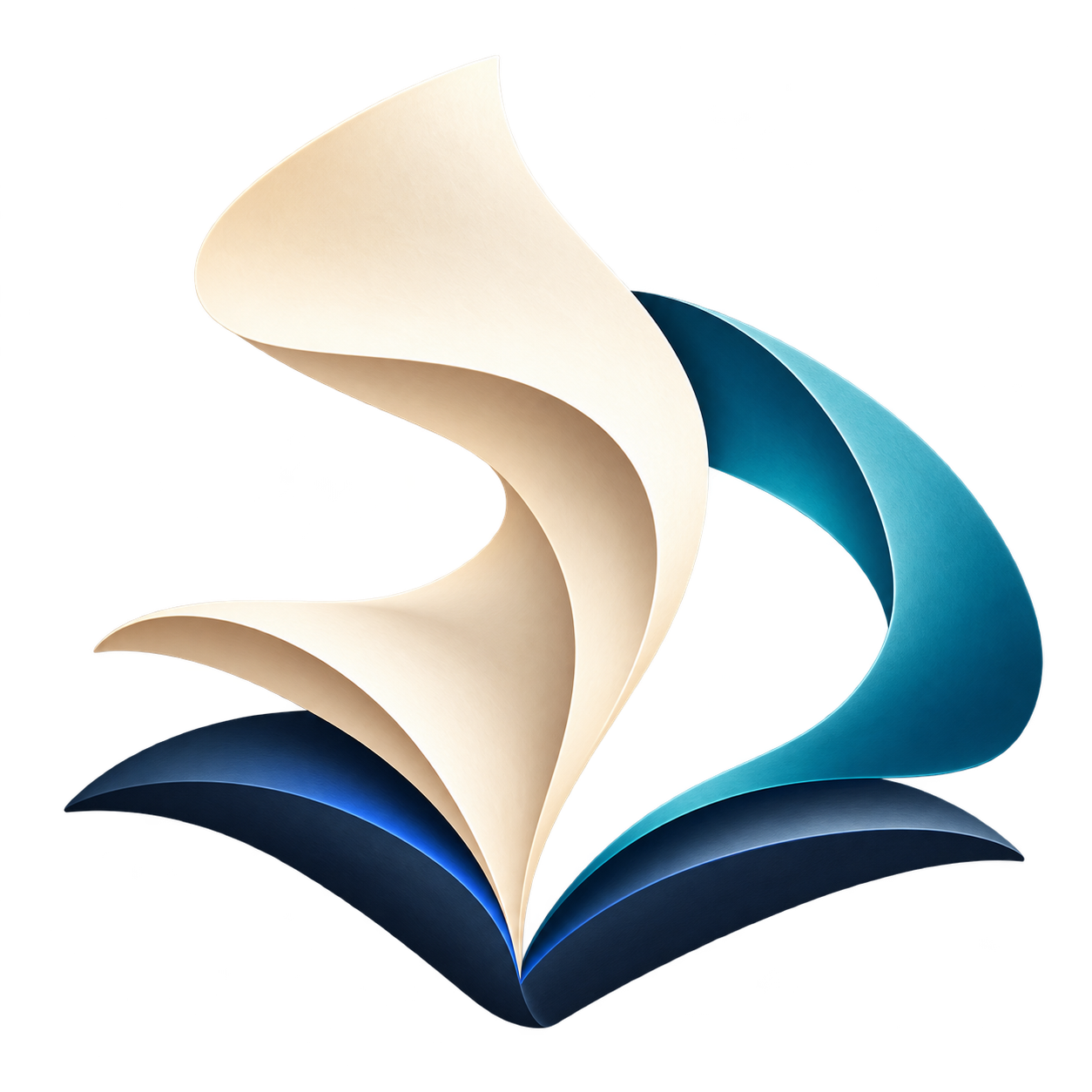 Write and Be Found’s open-book emblem with ivory and blue pages